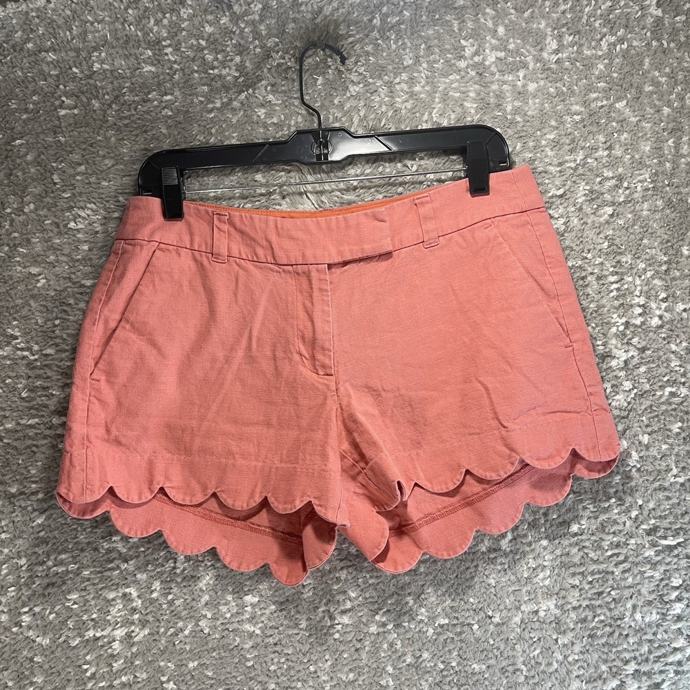 J. Crew Scalloped Hem Shorts Flat Front Pink Orange 6 Linen Blend Beach Travel
